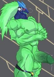 abs absurd_res alien anthro balls barazoku big_muscles bodily_fluids capcom clothing cybernetics cyborg em_being genital_fluids genitals geryorias glowing glowing_body green_body green_penis green_tongue hi_res humanoid_genitalia humanoid_penis machine male mega_man_(series) mega_man_star_force muscular muscular_anthro muscular_male nude omega-xis open_mouth penis precum red_eyes solo sweat text tongue tongue_out underwear underwear_on_foot vein veiny_penis