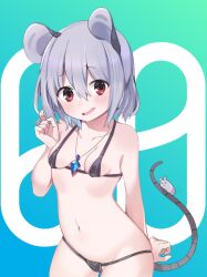 akagashi_hagane animal_ears bikini black_bikini breasts commentary_request female grey_hair groin hand_in_hair jewelry micro_bikini mouse mouse_ears mouse_tail navel nazrin open_mouth pendant red_eyes short_hair simple_background small_breasts smile solo swimsuit tail touhou white_background