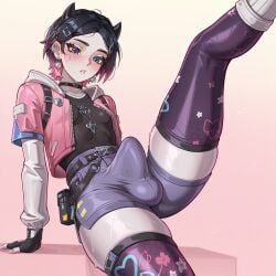1futa abs ai_generated black_hair black_hairband black_horns black_shirt blue_eyes blush bulge bulge_through_clothing bulge_under_clothes clove_(valorant) covered_abs demon_horns earrings erect_penis erection erection_under_clothes fake_horns freckles freckles_on_face futa_focus futa_only futanari gradient_background gradient_hair hair_ornament hairband hairclip highres hood_up hooded_jacket jewelry legwear long_sleeves looking_at_penis looking_down multicolored_hair one_leg_up open_jacket pale-skinned_futa pale_skin pearl_earrings pink_background pink_hair pink_jacket print_legwear purple_shorts riot_games self_upload shirt short_hair shorts simple_background sitting slim slim_futa small_breasts small_horns solo solo_focus valorant white_hood white_sleeves yellow_background