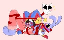 animate_inanimate anthro big_pupils blush blushing_profusely bound bound_together bulge_in_face bulge_through_clothing butt_in_face chimeracocks clothed clothing digital_creature dilated_pupils duo erection erection_under_clothing female forced_bondage fully_clothed gangle_(tadc) gangle_(the_amazing_digital_circus) glitch_productions gooseworx group hands_tied hi_res humanoid jax_(tadc) jax_(the_amazing_digital_circus) lagomorph leporid male male/female mammal pomni_(tadc) pomni_(the_amazing_digital_circus) pupils rabbit size_difference the_amazing_digital_circus trio