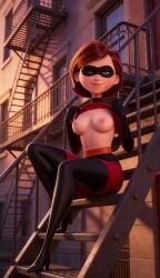 ai_generated animated domino_mask fire_escape flashing_breasts helen_parr high_heel_boots high_heels no_bra superhero superheroine tagme the_incredibles thigh_boots video