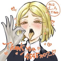 1boy ambiguous_gender androgynous blank_background blowjob_gesture blush femboy gloves hakariuri_gummy highres houseki_no_kuni humanoid land_of_the_lustrous light-skinned_male light_skin long_gloves looking_at_viewer open_mouth otoko_no_ko pale-skinned_male pale_skin pseudo_hair saliva seductive short_hair solo suggestive sweat sweatdrop text translation_request uniform white_background yellow_diamond_(land_of_the_lustrous) yellow_eyebrows yellow_eyelashes yellow_eyes yellow_hair yellow_mouth yellow_tongue