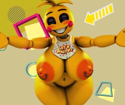 3d bib big_breasts bottom_heavy breasts c4d_max closed_eyes erect_nipples female female_only five_nights_at_freddy's five_nights_at_freddy's_2 huge_breasts huge_toy_chica inviting_to_hug large_breasts nipple_piercing nipples piercings pink_cheeks small_waist smiling solo thick_thighs top_heavy toy_chica_(fnaf) toy_chica_(love_taste) wide_hips yellow_body