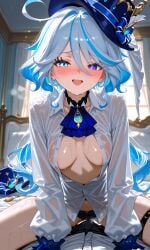 sex ahoge blue eyes hair blush bottle breasts closed mouth coat covered nipples cum in pussy cumdrip female fur trim indoors large looking at viewer mosaic censoring navel no bra open clothes see-through shirt short sitting smile solo spread legs sweat wet white furina_(genshin_impact) genshin_impact ai_generated