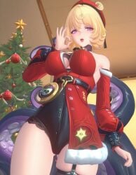 3d ai_generated before_oral before_sex christmas christmas_outfit fellatio_gesture indoors looking_at_viewer yidhari_murphy zenless_zone_zero