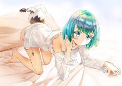 2010s 2018 ambiguous_gender blush blush_lines buttplug clothing dan_evan diamond_(land_of_the_lustrous) gradient_eyes gradient_hair houseki_no_kuni humanoid iridescent_eyes iridescent_hair land_of_the_lustrous light light_skin medium_hair on_bed pillow pillows pseudo_hair short_hair solo tail_plug wide_eyed