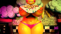 3d anthro belly_button bib c4d_max fat_thighs five_nights_at_freddy's huge_breasts huge_thighs huge_toy_chica large_breasts large_thighs nipple_piercing nipples piercings pink_panties sharp_teeth small_waist smiling solo thighs toy_chica_(fnaf) toy_chica_(love_taste) wide_hips wide_thighs yellow_body