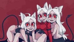 3girls animal_ears batterbee cerberus_(helltaker) clothed female_only helltaker light-skinned_female light_skin multiple_girls red_eyes tail white_hair