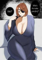 1girls 2d 2d_(artwork) aged_up black_kimono breasts brown-haired_female brown_hair cleavage creammitsu dialogue digital_media_(artwork) english_dialogue english_text eye_patch female_focus female_only full_color fully_clothed gilf granny highres huge_breasts japanese japanese_clothes japanese_female jujutsu_kaisen kimono kugisaki_nobara large_breasts light-skinned_female light_skin mature_female mature_male mature_woman medium_hair milf nobara_kugisaki older older_female one_eye_closed sfw sitting sofa sole_female soles solo solo_focus