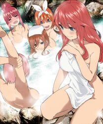 5girls bathing big_breasts blue_eyes blush breasts brown_hair colorized convenient_censoring embarrassed female female_only go-toubun_no_hanayome hair_bun hot_spring large_breasts multiple_girls nakano_ichika nakano_itsuki nakano_miku nakano_nino nakano_yotsuba naked_towel nude official_art onsen open_mouth orange_hair partially_submerged pink_hair quintuplets red_hair sisters steam steam_censor towel