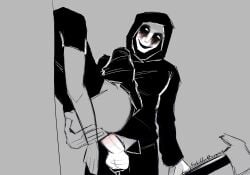 against_surface ambiguous_gender ambiguous_penetrated axe balls blush forbiddenavenue holding_legs male male/ambiguous male_penetrating partially_clothed penis self_upload sex the_knocker twitter twitter_username