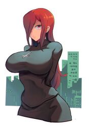 1girls big_breasts breasts hair_over_one_eye large_breasts long_hair parasoul red_hair ryu2 skullgirls solo solo_female white_background white_skin yellow_eyes