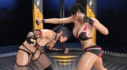 2girls 3d alluring athletic athletic_female big_breasts black_hair breasts brown_eyes catfight cleavage dead_or_alive dead_or_alive_6 dead_or_alive_xtreme_beach_volleyball female female_abs fit fit_female kamikaze_aegis momiji momiji_(ninja_gaiden) ninja_gaiden nyotengu tecmo wrestling wrestling_outfit wrestling_ring wrestlingryona xwf