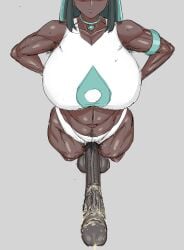 1futa balls big_balls big_breasts breasts clothed clothing dark-skinned_futanari dark_skin erection eyes_out_of_frame futa_only futanari hairi huge_cock human long_penis muscular muscular_futanari nessa_(pokemon) partially_clothed penis pokemon pokemon_ss smegma solo solo_futa standing tagme