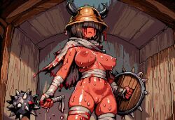 1girls ai_generated akane_(paigen) armor armored_female bandages bleeding bleeding_eyes blood blood_creature blood_drip bloody_clothes breasts brown_hair cloak clothed female hair_covering_eyes helmet hollow_eyes horned_helmet horror horror_(theme) large_breasts mace monster_girl nipples no_eyes original original_character paigen pixel_art pussy red_skin shield weapon wrappings