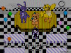 alternate_universe animal_humanoid animatronic anthro ass avian balloon beak bear bib big_breasts big_butt bird blue_body blue_fur bonnie_(fnaf) bottomwear breasts buckteeth chica_(fnaf) chicken clock clothed clothed_male clothing crt crt_effect digital_media_(artwork) ear_piercing ear_ring electronics english_text eyewear feathers female five_nights_at_freddy's freckles freddy_(fnaf) fur furniture galliform glasses group hair hat headgear headwear holding_object human humanoid inflatable lagomorph leporid looking_at_viewer machine male mammal microphone moronicpixels navel nipples nude nude_female open_mouth orange_body orange_fur overalls overweight parody phasianid piercing pixel_(artwork) pizzeria poster purple_clothing rabbit ring_piercing robot rule_63 scottgames smile stage table teeth text thick_thighs top_hat topwear wearing_glasses white_body wide_hips xenias98 yellow_body yellow_feathers
