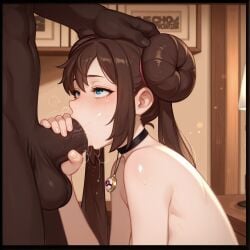 1boy absurdres ai_generated black_choker blue_eyes blush border breasts brokewyt brown_hair choker completely_nude dark-skinned_male dark_skin double_bun fellatio female from_side hair_bun hand_on_another's_head highres indoors interracial jewelry long_hair necklace nude oral pendant penis pokemon_bw2 pokemon_trainer rosa_(pokemon) saliva saliva_trail solo_focus straight testicles twintails uncensored
