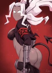 1girls ass clothed dark-skinned_female dark_skin devilukez female female_only helltaker horns judgement_(helltaker) tail white_hair