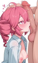 1boy 1girls ahoge ai ai-created ai_generated ai_slop breasts_out cock_worship drill_hair female heart heart-shaped_pupils huge_cock kasane_teto large_ass licking licking_penis looking_at_another looking_at_partner looking_pleasured looking_up male open_shirt penis_on_face plump plump_ass pussy red_hair saliva saliva_drip saliva_string saliva_trail sega shiny_skin shittyaistuff size_difference small_breasts smaller_female smooth_skin straight submissive_female sweat tongue tongue_around_penis tongue_out twin_drills utau white_shirt