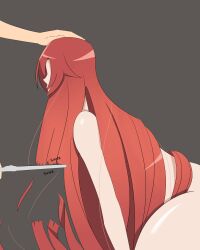 bangs dakara_boku_wa_h_ga_dekinai forced hair_play haircut lisara_restall long_bangs long_hair naked naked_female playing_with_hair red_hair redhead_female scissors very_long_hair