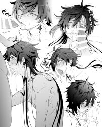 2boys alternate_hairstyle bangs bar_censor blush censored closed_mouth cum cum_in_mouth deepthroat earrings facial fellatio genshin_impact greyscale hair_between_eyes hair_down hand_on_another's_head highres jewelry long_hair male_focus moboj13 monochrome multiple_boys multiple_views nipples nude one_eye_closed open_mouth oral penis simple_background single_earring tassel tassel_earrings tears tongue tongue_out yaoi zhongli_(genshin_impact)