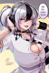 1girls big_breasts black_hair breasts busty choker cleavage collared_shirt cute dialogue english_text female female_focus female_only goth goth_girl gothic headphones large_breasts light-skinned_female light_skin lipstick looking_to_the_side multicolored_hair no_bra nonamé_(noxcuro) nox_(artist) noxcuro original_character purple_eyes purple_lipstick shirt short_hair smile smiling tagme text two_tone_hair white_hair white_shirt