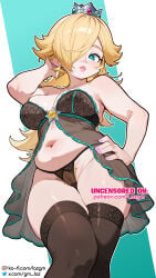 1girl 1girls aqua_trim babydoll big_breasts black_babydoll black_panties black_thighhighs blonde_hair blonde_pubic_hair blue_eyes blush blush_lines blushing breasts bush bushy_pubes collarbone commentary covered_nipples crown earrings english_commentary female female_only female_pubic_hair hair_over_one_eye highres jewelry large_breasts laz_gm mario_(series) mini_crown nail_polish nintendo paid_reward_available painted_nails panties plump princess_rosalina pubic_hair pubic_hair_peek rosalina see-through see-through_clothing silver_crown skindentation slightly_chubby slightly_chubby_female solo solo_female star_(symbol) star_earrings thick_thighs thighhighs thighs tummy underwear wide_hips