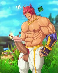 2boys abs absurdres animal_ears armpit_hair armpits bara biceps blood blurry blurry_background boner bush chest_hair cloud cloudy_sky dart erection fingerless_gloves gauntlets gloves goggles grass guro hat highres huge_cock jewelry large_pectorals league_of_legends male_focus male_only manly mature_male multiple_boys muscular muscular_male navel navel_hair necklace nipple_piercing nipples outdoors pants pectorals penis piercing precum pubic_hair red_hair scar scar_on_face scar_on_nose sett sky spiked_hair sunlight sweat sweatdrop teemo teeth testicles thick_arms thick_eyebrows thick_thighs thighs tight toto_(artist) veins veiny_arms veiny_penis yellow_eyes