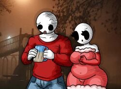 1boy1girl bald bald_female black_eyes breasts chetoh chubby chubby_female claire_(chetoh) clothed clothed_female clothed_male drink egg eggmale eggnog female gloves height_difference holding_drink jeans looking_at_mug male oc original original_character outside photo_background red_dress red_gloves red_shirt shirt shorter_female taller_male thighs white_body worried worried_expression worried_look