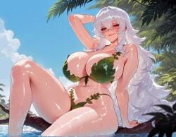 1girl 1girls ai_generated arm_behind_head arm_up azur_lane balecxi bare_shoulders bikini blue_sky blush branch breasts cleavage clothing cloud cloudy_sky crossed_bangs curvaceous curvaceous_female curvaceous_figure curvy curvy_figure day female female_focus graf_zeppelin_(azur_lane) green_bikini hair_between_eyes half-closed_eyes huge_breasts in_tree inviting inviting_to_sex large_breasts long_hair looking_at_viewer navel official_alternate_costume outdoors palm_leaf palm_tree parted_lips presenting presenting_ass presenting_breasts presenting_hindquarters presenting_pussy presenting_self red_eyes seductive seductive_look seductive_smile shiny_skin sitting sky smile solo swimsuit thick_thighs thighs tree very_long_hair voluptuous voluptuous_female water wet white_hair