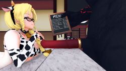 1girls 1monster 3d bikini bikini_bottom bikini_top blonde_female blonde_hair cow_ears cow_girl cow_horns cow_print cow_print_armwear cow_print_bikini erect_penis glasses glynda_goodwitch green_eyes grimm_(rwby) half-dressed half_naked half_naked_female indrick_[artist] menu minotaur monster monster_cock rwby