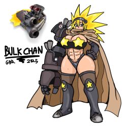 abs brown_cape bulk_star cape gameboyred gijinka grey_eyes kirby_(series) kirby_air_ride kirby_air_riders machine machine_girl mechanical_arm metal_boots reference reference_image robot robot_girl robot_humanoid six_pack spiky_hair star_sticker yellow_hair