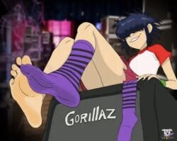 bangs_over_eyes female foot_fetish fully_clothed gorillaz grinning noodle_(dare) noodle_(gorillaz) one_sock_on purple_hair sitting socks_removed solo_female solo_focus sweaty_feet teenage_girl teenager