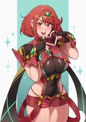 absurdres big_breasts black_gloves blush bob_cut breasts chest_jewel commentary core_crystal_(xenoblade) covered_navel deliciousbrain earrings english_commentary female fingerless_gloves floating_earrings four-finger_heart_hands gem gloves headpiece heart heart_hands highres jewelry large_breasts looking_at_viewer open_mouth pyra pyra_(xenoblade) red_eyes red_hair red_shorts short_hair short_sleeves shorts smile solo sparkle swept_bangs teeth tiara upper_teeth_only xenoblade_chronicles_(series) xenoblade_chronicles_2