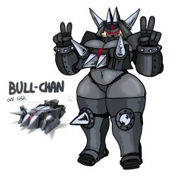 armor big_ass big_breasts big_thighs black_lips black_lipstick blonde_hair boots bull_tank female female_only fingerless_gloves gameboyred gijinka grey_body grey_skin helmet kirby_(series) kirby_air_ride kirby_air_riders peace_sign red_eyes red_glow reference reference_image spikes
