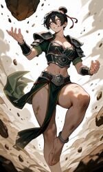 1girls aged_up ai_generated armor avatar_the_last_airbender battle belly_button bending_earth crazy earth_bender feet female female_only general legs solo thighs toph_bei_fong