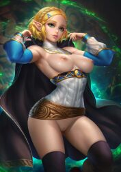 arm_sleeves blonde_hair breath_of_the_wild cape casual clothing edit female golden_hair green_eyes humanoid hylian large_ass large_breasts looking_at_viewer neoartcore nintendo nipples no_bra no_panties nude nudtawut_thongmai outdoors paipan pale_skin princess_zelda tears_of_the_kingdom the_legend_of_zelda thick_thighs thighhighs uncensored zelda_(tears_of_the_kingdom)