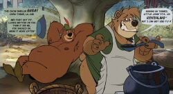 anthro apron arm_tuft armpit_hair ass b_(dead_stray_bear) balls barely_visible_balls barely_visible_genitalia basket bear beard belly big_belly big_butt body_hair bottomless bottomless_male brown_bear bycocket cauldron cheek_tuft claws clenched_teeth clothed clothing container cooking cookware crossed_legs cutlery dead_stray_bear dialogue duo elbow_tuft english_text facial_hair facial_tuft finger_claws footwear frying_pan genitals hands_behind_head hat hat_feather head_tuft headgear headwear hi_res holding_object holding_tool holding_utensil kitchen_utensils knee_tuft leg_tuft little_john loose_feather male mammal moobs mostly_nude navel nipples obese obese_anthro obese_male open_mouth outside overweight overweight_anthro overweight_male pantsless plant reclining shirt shoes smile smiling_at_another speech_bubble spoon standing teeth teeth_showing text tools topless topless_male topwear topwear_only tree tuft ursine