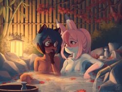 2girls absurdres animal_ear_fluff animal_ears autumn_leaves bamboo_fence blue_hair blush bottle brand_new_animal breasts choko_(cup) cup eye_contact face-to-face female female_only fence finger_to_mouth fox_ears fox_girl furry furry_female furry_with_furry highres lantern leaf long_hair looking_at_another michiru_kagemori michirutnk multiple_girls nazuna_hiwatashi night nipples nude onsen outdoors partially_submerged pink_eyes pink_hair ponytail raccoon_ears raccoon_girl red_eyes sake_bottle short_hair sitting small_breasts smile tree water yuri