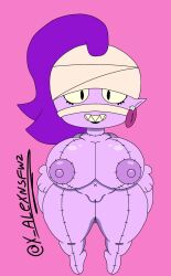 bandage big_breasts brawl_stars breasts breasts_out emz_(brawl_stars) hair purple_body purple_hair purple_skin pussy shortstack smiling zombie zombie_girl