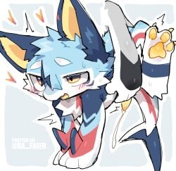 absurd_res animal_humanoid anthro blue_body blue_fur blush bodily_fluids claws cum duo erection fin fish fish_humanoid fur fur_markings genital_fluids genitals grabbing_torso hand_fin heart_symbol hi_res humanoid male male/male mammal marine marine_humanoid markings multicolored_body multicolored_fur pawpads penis ra_faier shark shark_humanoid toe_claws yellow_eyes yellow_inner_ear yellow_mouth yellow_pawpads yellow_penis