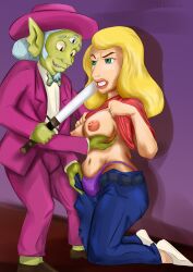 1boy 1girls 2022 3_eyes 4_arms alien beth_smith blonde_hair blue_hair breasts clothes digital_media_(artwork) female green_eyes green_skin knees male male/female milf multi_arm multi_eye multi_limb nipples peacock_jones rape rick_and_morty sword tabaarus threat underpants