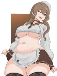 apron beret black_thighhighs blush bready_(nikke) breasts brown_eyes brown_hair brown_neckerchief brown_skirt choker clothes_lift detached_sleeves female goddess_of_victory:_nikke hair_ribbon hat heart heart_print large_breasts long_hair long_sleeves looking_at_viewer low_twintails maid_apron melowh midriff navel neckerchief one_eye_closed open_mouth plump print_apron ribbon school_uniform serafuku shirt skirt skirt_lift sleeveless sleeveless_shirt smile standing sweat teeth thick_thighs thighhighs thighs twintails underboob white_apron white_background white_hat white_shirt wink yellow_ribbon