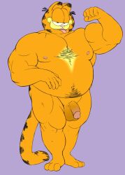 anthro balls belly biceps big_belly domestic_cat felid feline felis flaccid flexing garfield_(series) garfield_the_cat genitals looking_at_viewer male mammal nipples nude overweight penis smile solo wkd