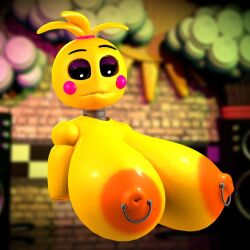 3d black_eyes c4d_max five_nights_at_freddy's five_nights_at_freddy's_2 huge_breasts huge_toy_chica nipple_piercing nipples piercings pink_cheeks solo tied_hair toy_chica_(fnaf) toy_chica_(love_taste) yellow_body