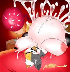 anthro bed belly big_belly big_breasts bite_mark bodily_fluids breasts cum cum_inside domestic_cat duo ejaculation felid feline felis female furniture genital_fluids hi_res huge_belly huge_breasts impregnation lokbunny17 male male/female mammal ovum ovum_with_heart pornography sperm_cell tongue tongue_out white_body