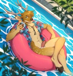 alcohol anthro antlers ball_tuft balls beverage bottomless clothed clothing container cup deer eyewear fey_darner_(darkflamewolf) genitals glass glass_container glass_cup glasses hi_res hooves horn inflatable inner_tube male mammal markings nude nude_anthro nude_male open_clothing open_shirt open_topwear orange_slice penis plant pool poolside relaxing shirt shirt_only smile solo spots spotted_markings topwear topwear_only tuft water zombieze