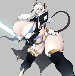 1girls 2022 animal_ears breasts cleavage cow_ears cow_tail curvaceous curvy eve_(strongmoist) female female_focus grey_background hips huge_breasts long_hair massive_ass massive_breasts plump simple_background solo solo_female solo_focus strongmoist sword tail thick_thighs thighhighs thighs underboob voluptuous white_hair wide_hips