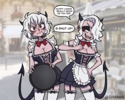 2demons 2girls big_breasts blush bowtie breasts bust cleavage demon demon_girl demon_horns demon_tail embarrassed female female_focus female_only french_maid garter_straps helltaker highres looking_at_another looking_at_viewer maid maid_outfit maid_uniform malina_(helltaker) multiple_girls photo_background red_eyes sisters skirt tail talking_to_another tehhank thighhighs white_hair zdrada_(helltaker)