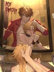 2boys aether_(genshin_impact) anal anal_sex bite_mark blush chains childe_(genshin_impact) cigarette collar femboy gay genshin_impact girly grabbing_hair ha___ze(twitter) ha_ze head_grab male_only mirror mirror_reflection tagme tartaglia_(genshin_impact) vein wrist_cuffs yaoi